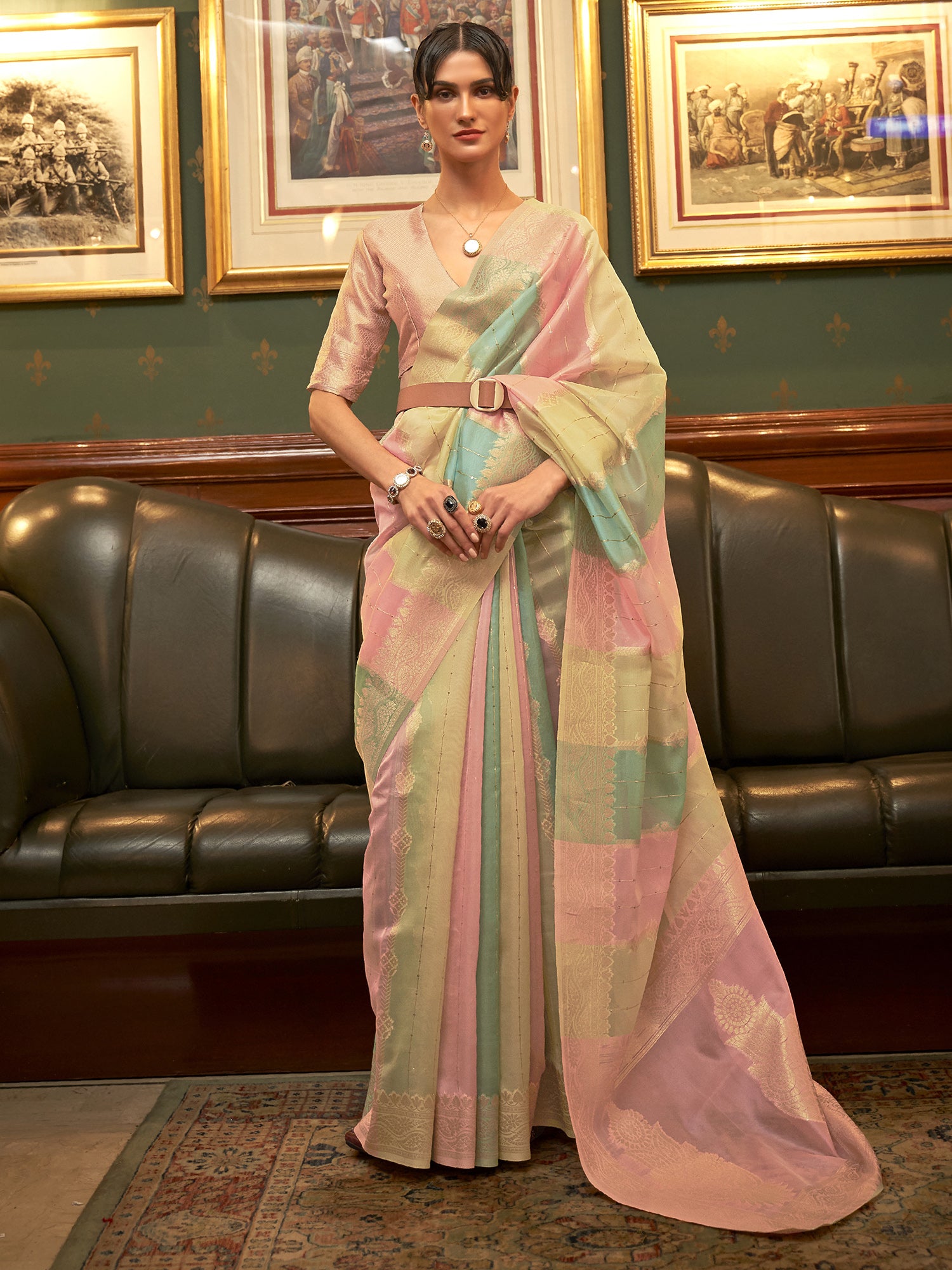 Women's Organza Multicolored Woven Design Celebrity Saree With Blouse Piece