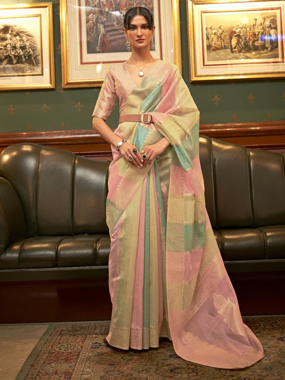 Women's Organza Multicolored Woven Design Celebrity Saree With Blouse Piece