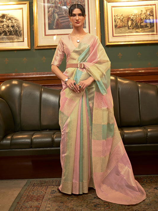 Women's Organza Multicolored Woven Design Celebrity Saree With Blouse Piece