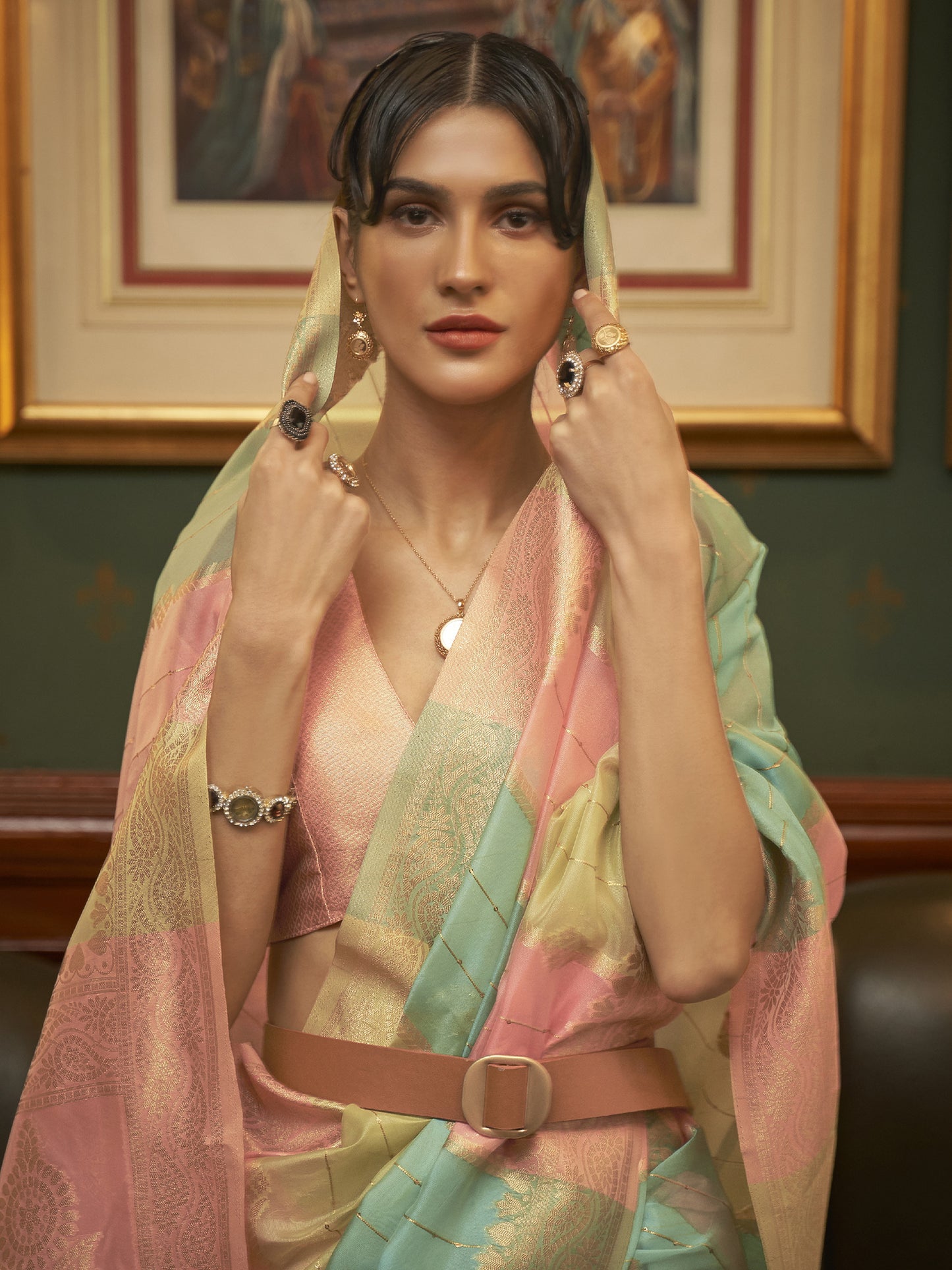 Women's Organza Multicolored Woven Design Celebrity Saree With Blouse Piece