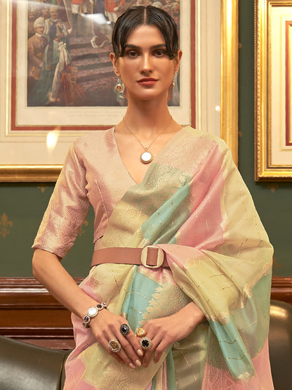 Women's Organza Multicolored Woven Design Celebrity Saree With Blouse Piece
