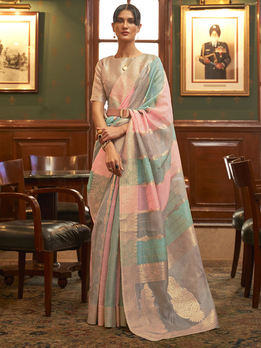 Women's Organza Multicolored Woven Design Celebrity Saree With Blouse Piece