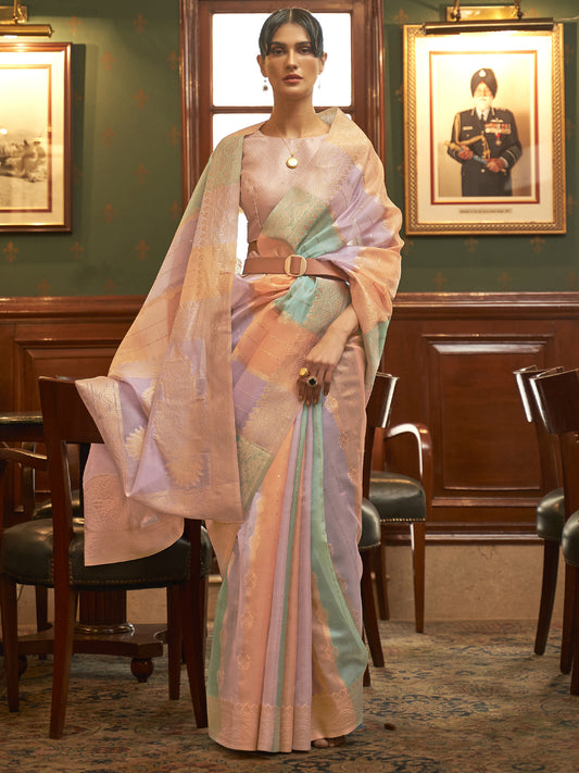 Women's Organza Multicolored Woven Design Celebrity Saree With Blouse Piece