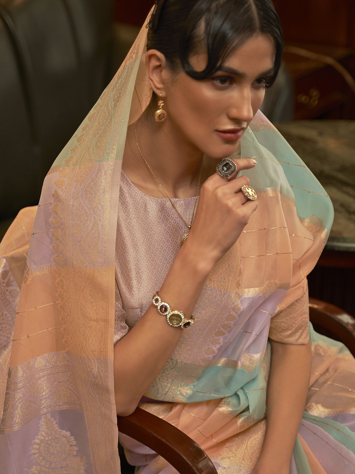 Women's Organza Multicolored Woven Design Celebrity Saree With Blouse Piece
