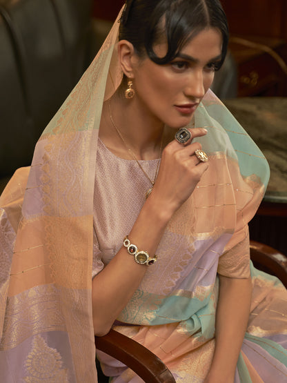 Women's Organza Multicolored Woven Design Celebrity Saree With Blouse Piece