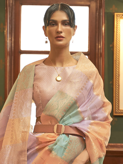 Women's Organza Multicolored Woven Design Celebrity Saree With Blouse Piece
