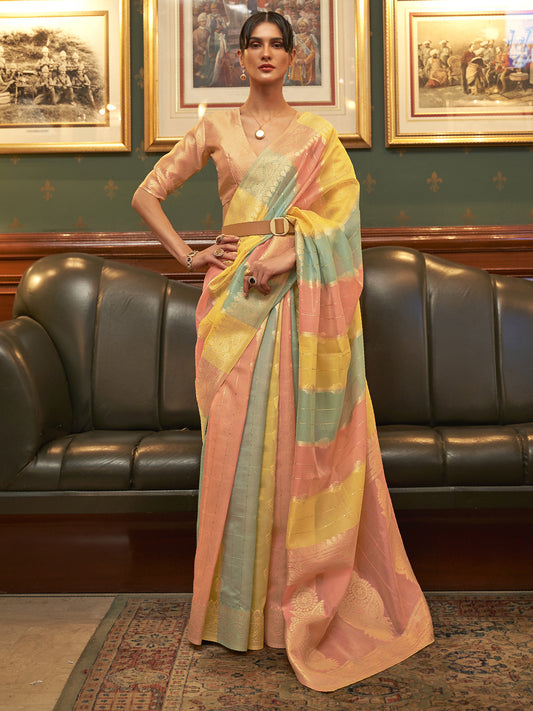 Women's Organza Multicolored Woven Design Celebrity Saree With Blouse Piece