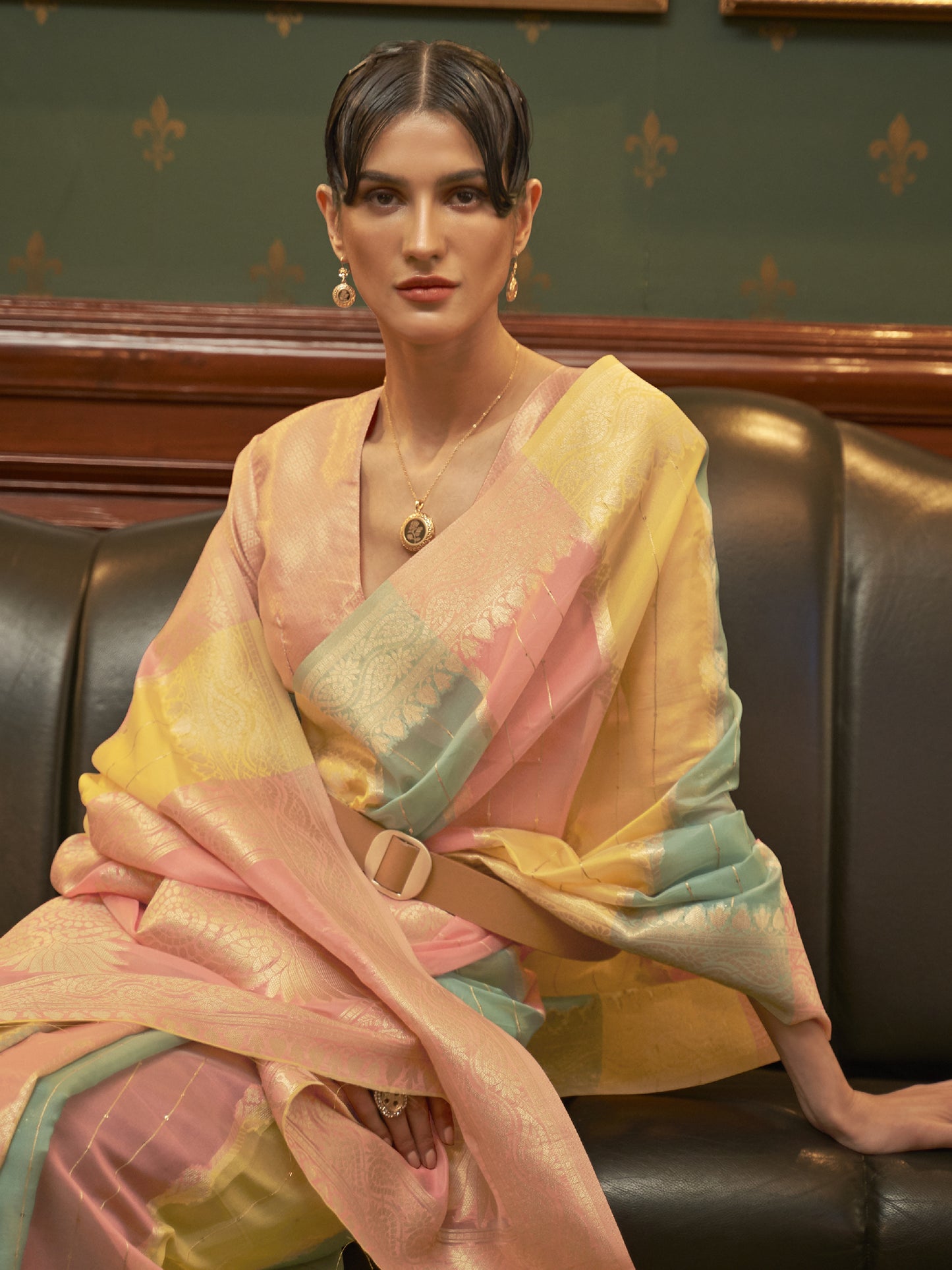 Women's Organza Multicolored Woven Design Celebrity Saree With Blouse Piece