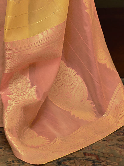 Women's Organza Multicolored Woven Design Celebrity Saree With Blouse Piece