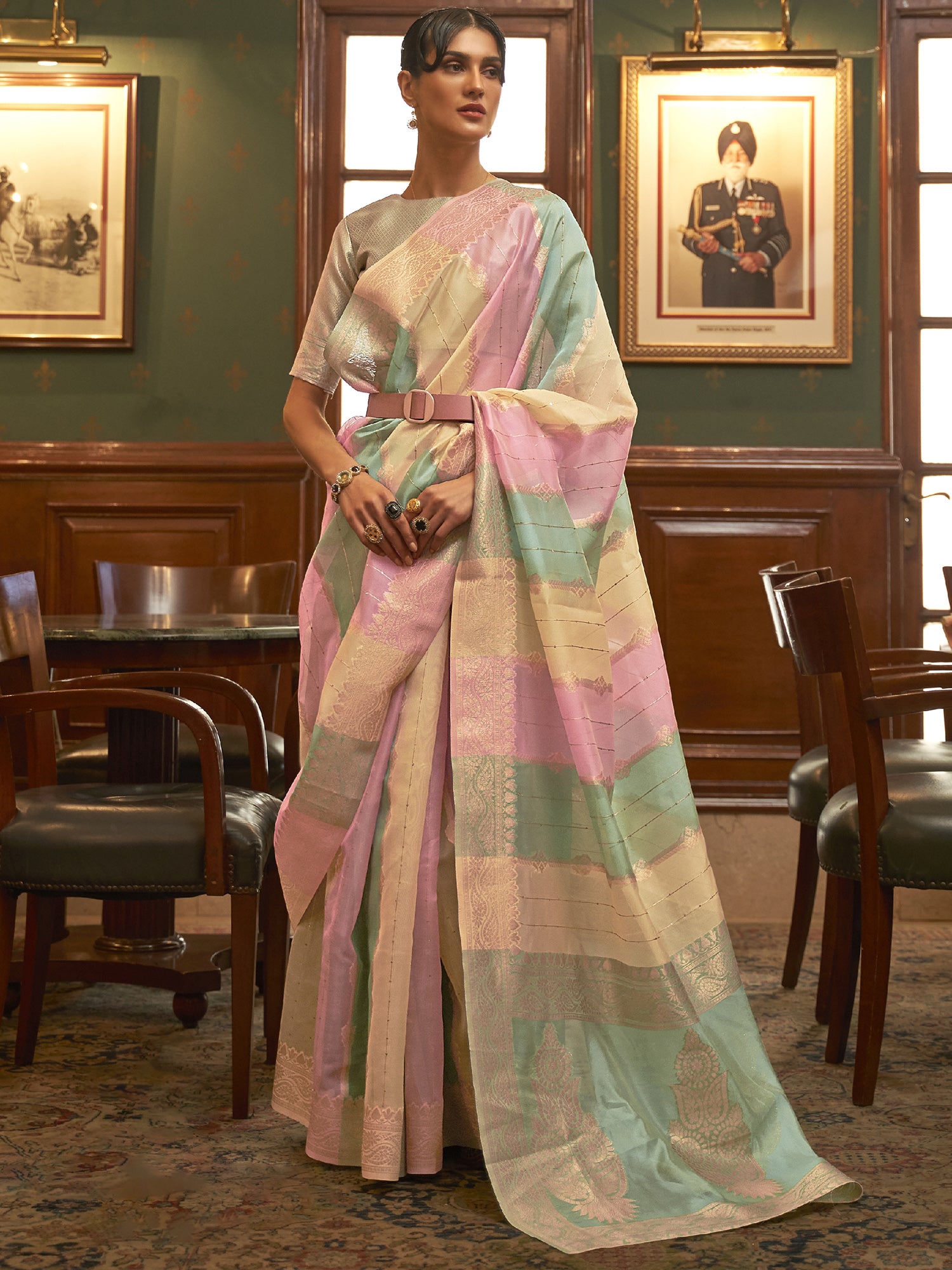 Women's Organza Multicolored Woven Design Celebrity Saree With Blouse Piece