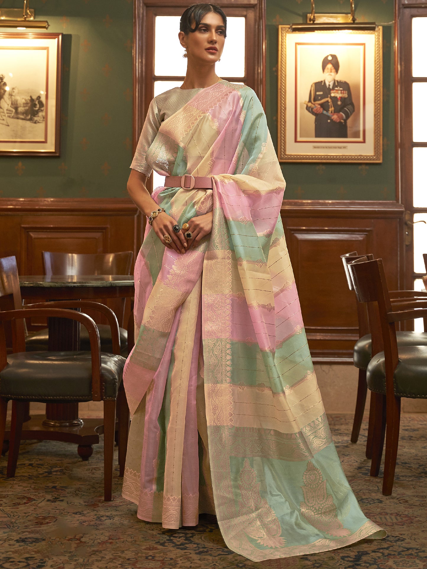 Women's Organza Multicolored Woven Design Celebrity Saree With Blouse Piece
