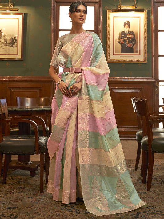 Women's Organza Multicolored Woven Design Celebrity Saree With Blouse Piece