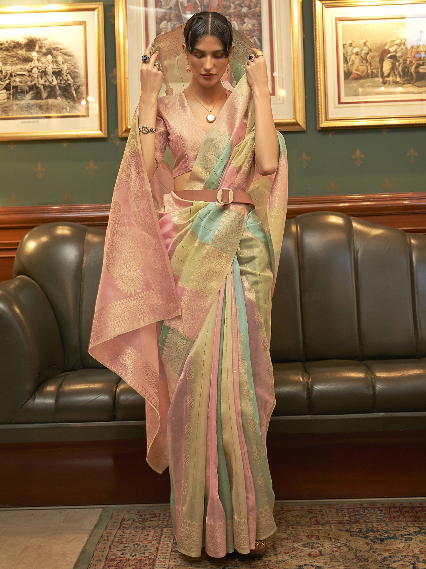 Women's Organza Multicolored Woven Design Celebrity Saree With Blouse Piece