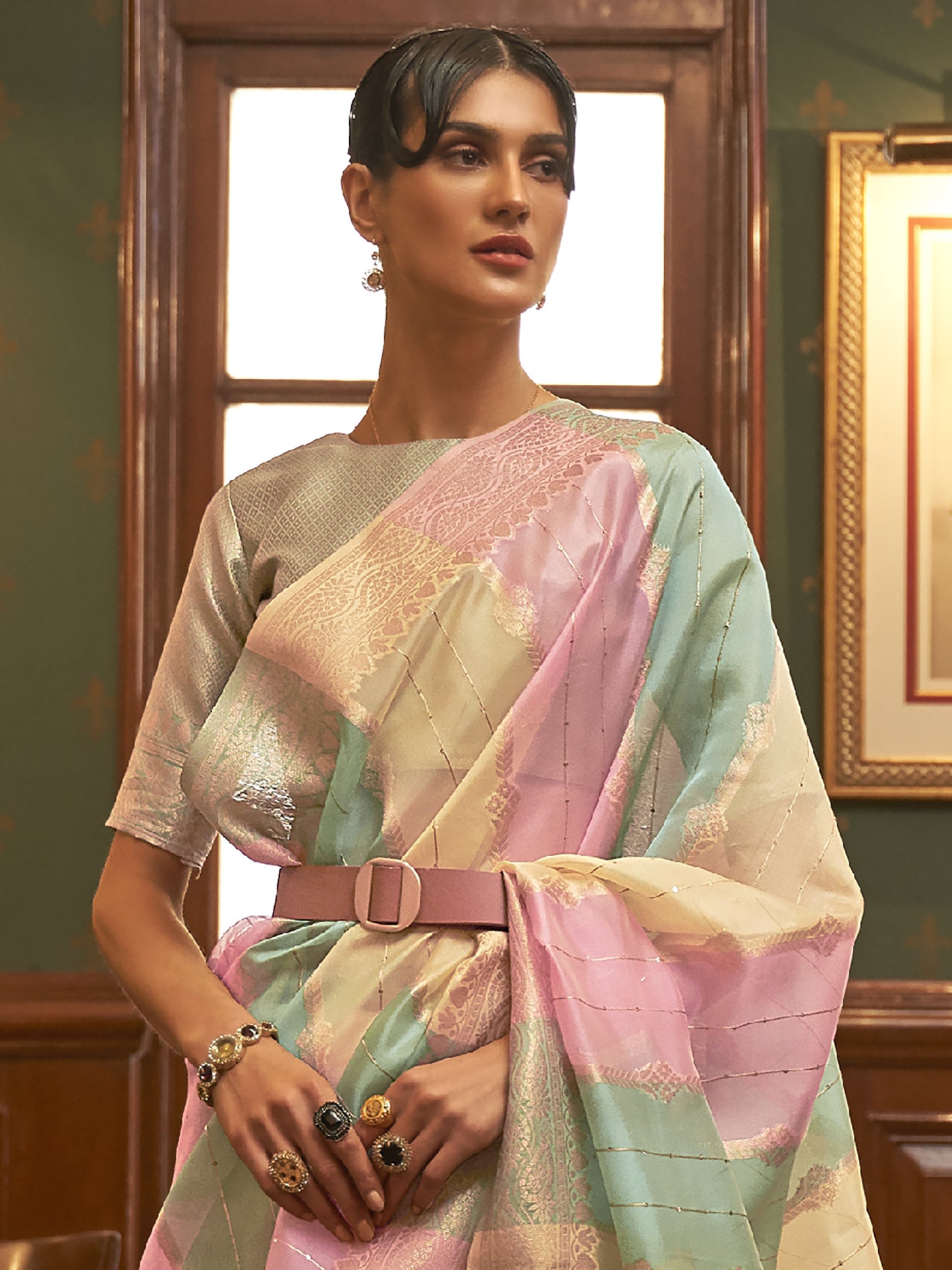 Women's Organza Multicolored Woven Design Celebrity Saree With Blouse Piece