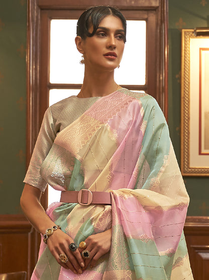 Women's Organza Multicolored Woven Design Celebrity Saree With Blouse Piece