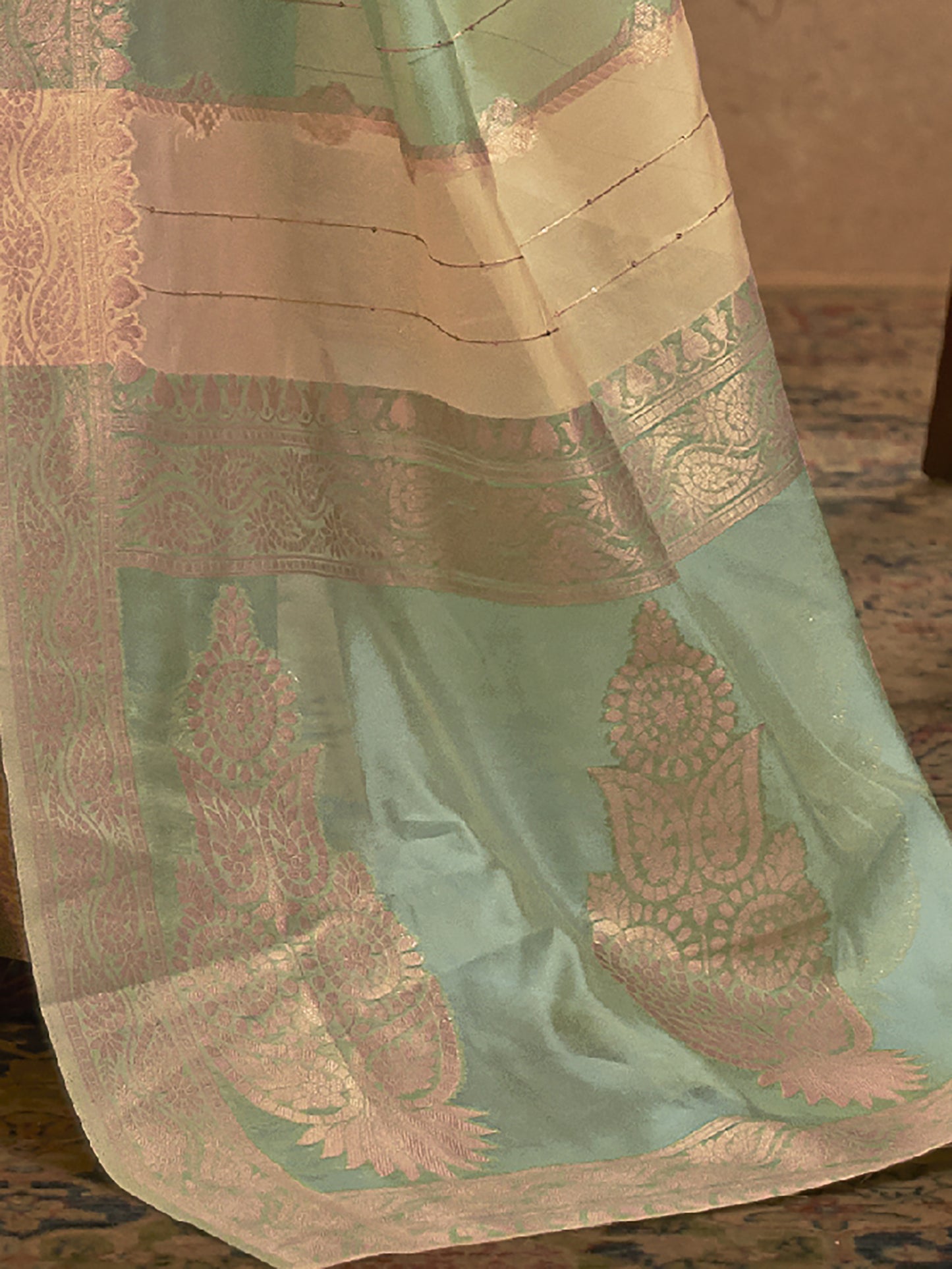 Women's Organza Multicolored Woven Design Celebrity Saree With Blouse Piece