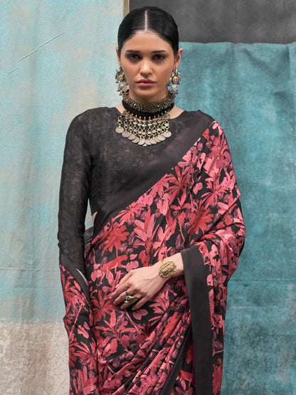 Women's Crepe Black Printed Designer Saree With Blouse Piece
