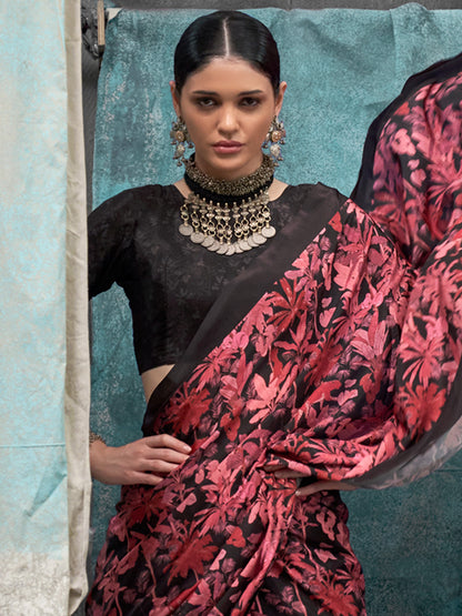 Women's Crepe Black Printed Designer Saree With Blouse Piece