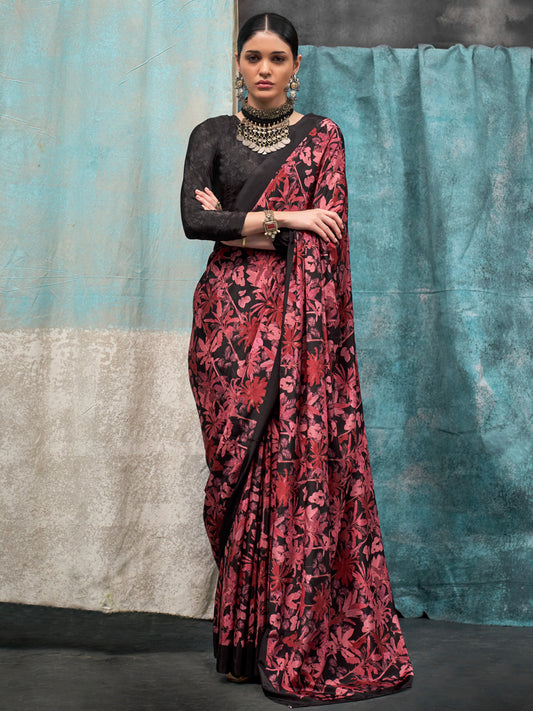 Women's Crepe Black Printed Designer Saree With Blouse Piece