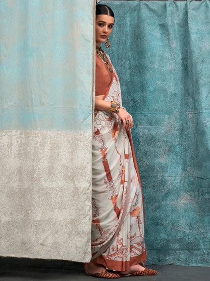 Women's Crepe Off White Printed Designer Saree With Blouse Piece