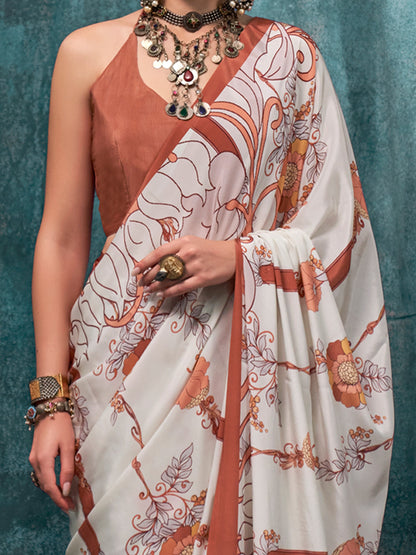 Women's Crepe Off White Printed Designer Saree With Blouse Piece