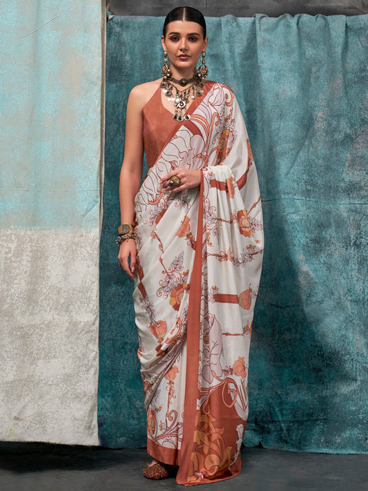 Women's Crepe Off White Printed Designer Saree With Blouse Piece