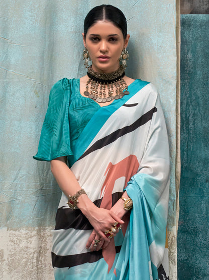 Women's Crepe Light Blue Printed Designer Saree With Blouse Piece