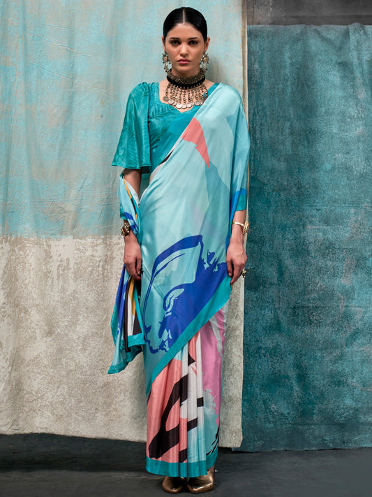 Women's Crepe Light Blue Printed Designer Saree With Blouse Piece