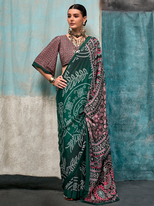 Women's Crepe Green Printed Designer Saree With Blouse Piece