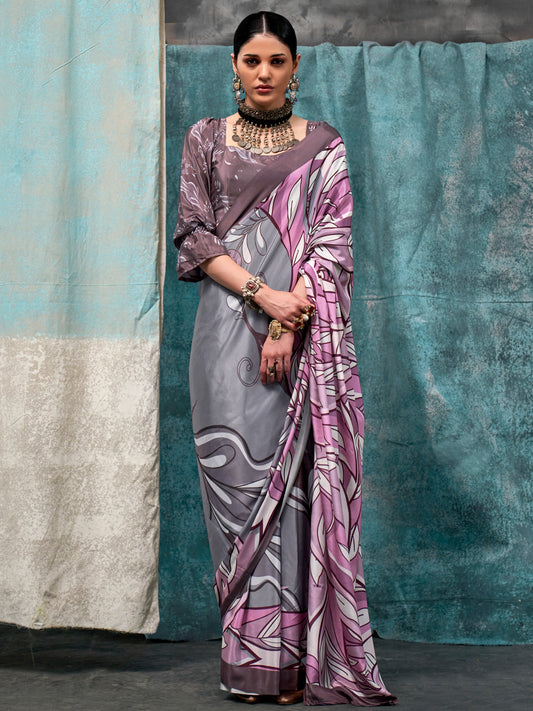 Women's Crepe Grey Printed Designer Saree With Blouse Piece