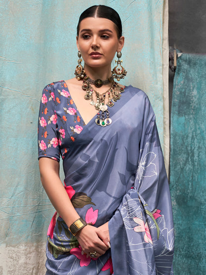Women's Crepe Metallic Printed Designer Saree With Blouse Piece