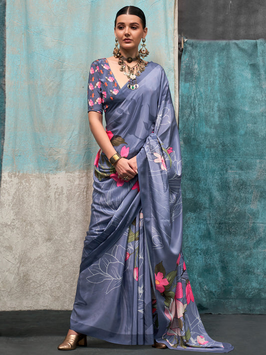 Women's Crepe Metallic Printed Designer Saree With Blouse Piece