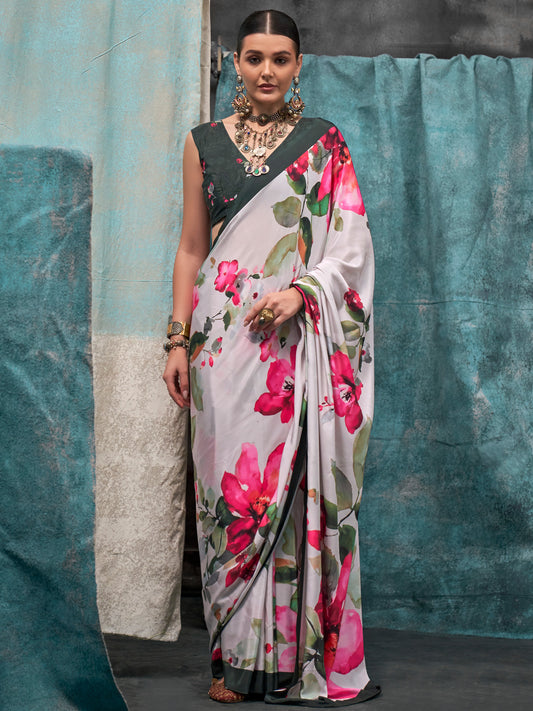 Women's Crepe Off White Printed Designer Saree With Blouse Piece