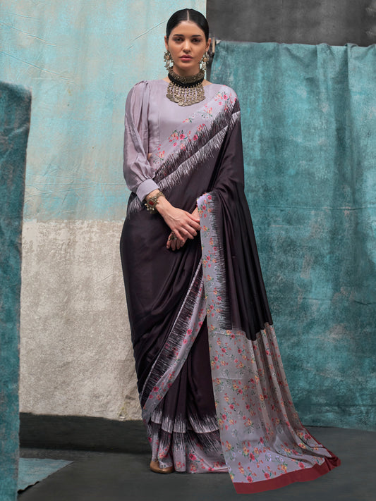 Women's Crepe Black Printed Designer Saree With Blouse Piece