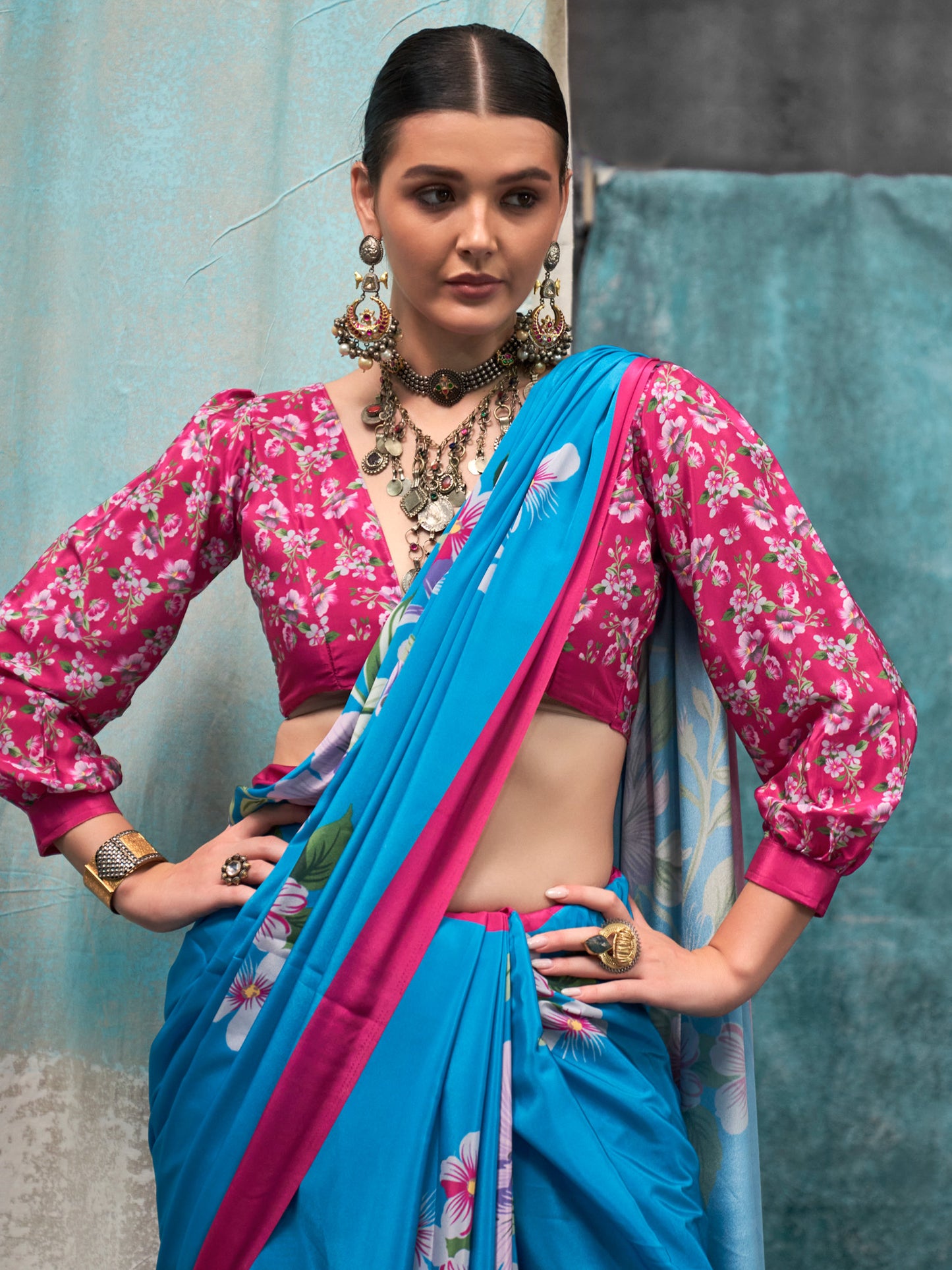 Women's Crepe Light Blue Printed Designer Saree With Blouse Piece