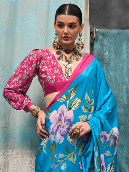 Women's Crepe Light Blue Printed Designer Saree With Blouse Piece