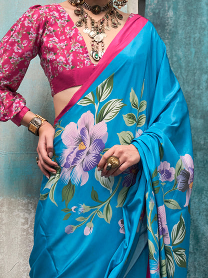 Women's Crepe Light Blue Printed Designer Saree With Blouse Piece