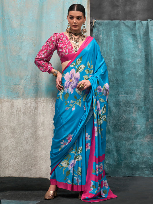 Women's Crepe Light Blue Printed Designer Saree With Blouse Piece