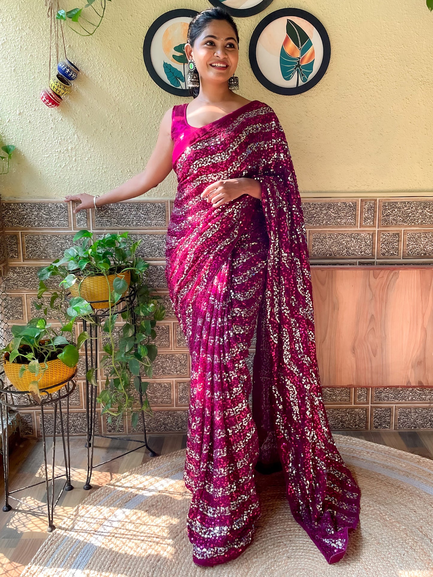 Women's Georgette Purple Embellished Designer Saree With Blouse Piece
