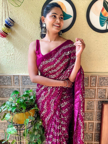 Women's Georgette Purple Embellished Designer Saree With Blouse Piece