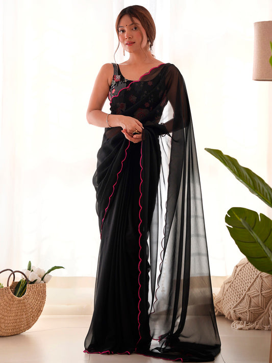 Women's Georgette Black Embellished Designer Saree With Blouse Piece