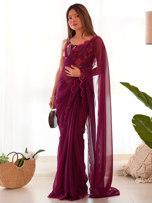 Women's Georgette Magenta Embellished Designer Saree With Blouse Piece