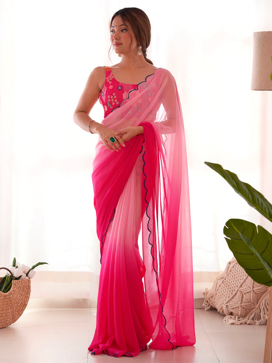 Women's Georgette Pink Embellished Designer Saree With Blouse Piece