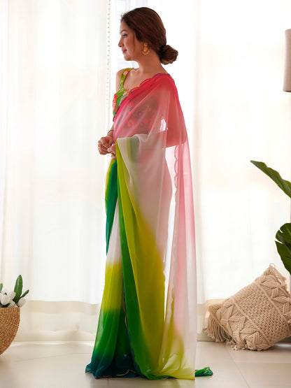 Women's Georgette Light Green Embellished Designer Saree With Blouse Piece