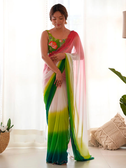 Women's Georgette Light Green Embellished Designer Saree With Blouse Piece