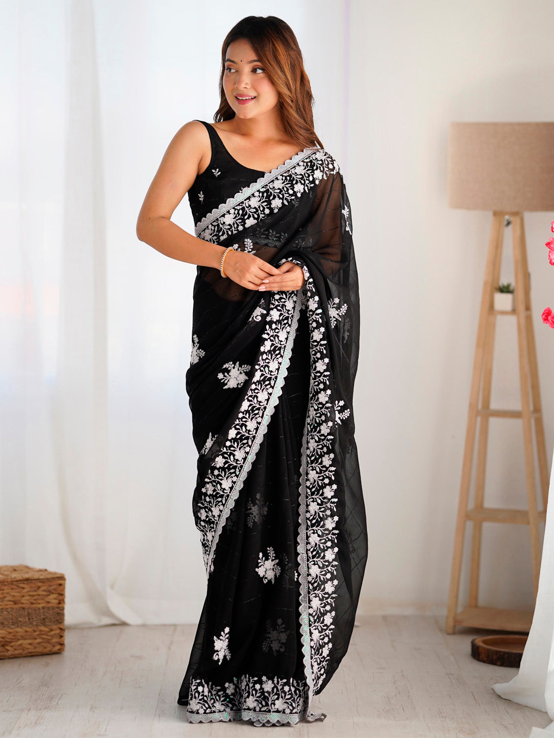 Women's Georgette Black Embellished Designer Saree With Blouse Piece