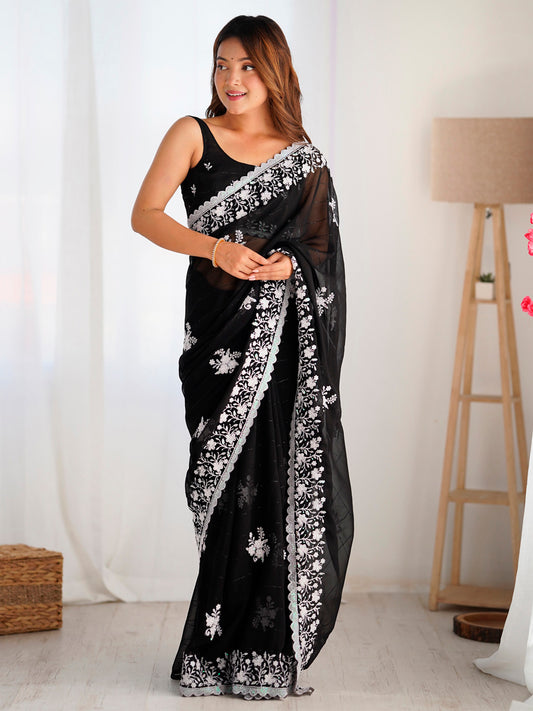 Women's Georgette Black Embellished Designer Saree With Blouse Piece