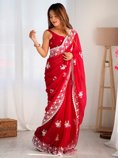 Women's Georgette Red Embellished Designer Saree With Blouse Piece
