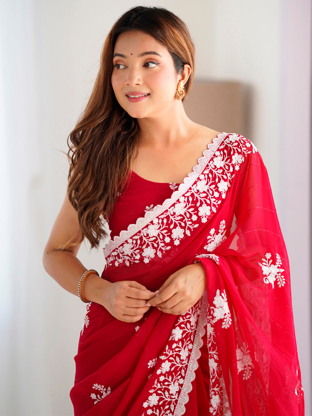 Women's Georgette Red Embellished Designer Saree With Blouse Piece