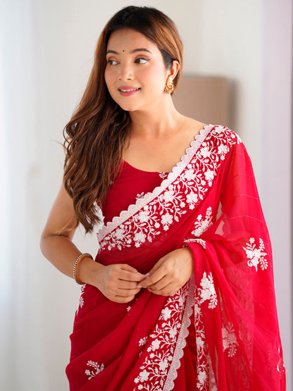 Women's Georgette Red Embellished Designer Saree With Blouse Piece